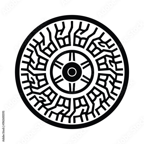 Black and White Circular All-Season Tire Tread Pattern Vector Icon 