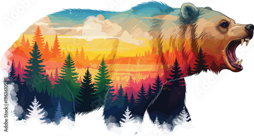 Roaring bear silhouette illustration, forest landscape inside, colorful sunset sky, wildlife nature art, double exposure animal design vector