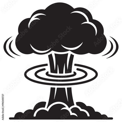 Minimalist Black and White Nuclear Mushroom Cloud Icon Representing Atomic Explosion and Massive Destruction, Isolated Vector Graphic for War, Power, and Global Conflict Concepts.