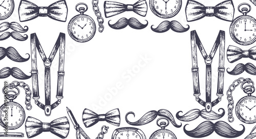 Vintage Gentleman's Accessories Frame: Mustaches, Bow Ties, Pocket Watches, Suspenders