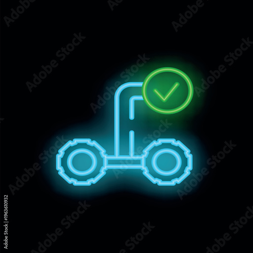 Neon sign depicting a futuristic vehicle with a green check mark, symbolizing successful testing or approval