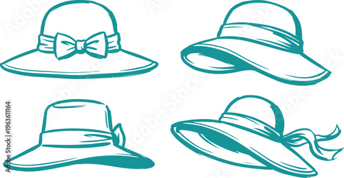 Women Hat Set Hand Drawn Line Art Vector Design Fashion Summer Sun Hat Illustration.