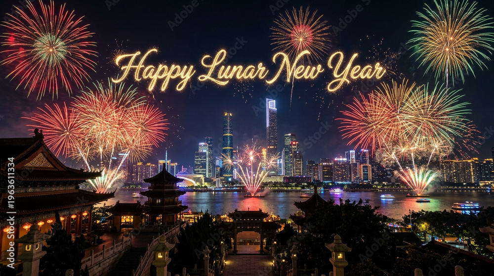 Obraz premium Vibrant fireworks display over modern cityscape celebrating Lunar New Year