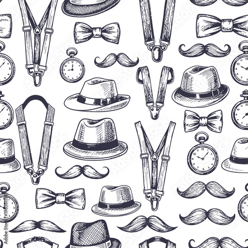 Vintage Gentleman Accessories Seamless Pattern: Hats, Bow Ties, Suspenders, Moustaches