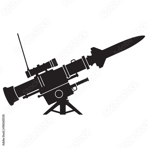Black silhouette of a tripod-mounted anti-tank guided missile launcher system aimed upwards for defense, representing modern military warfare technology and heavy weaponry on white.