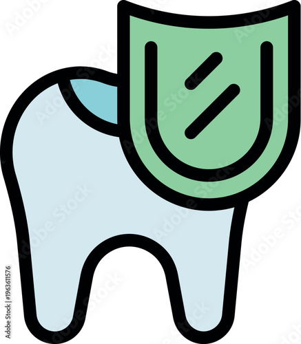 Cartoon tooth protected by a green shield, representing dental hygiene and protection against cavities and damage