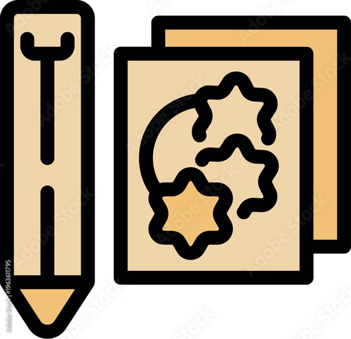 Simple icon of a pencil and sketchpad depicting a crescent moon and stars