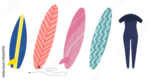 Surfboard, surfing board, wetsuit illustration isolated set. Water sports, active lifestyle, beach, summer holidays, vacations, resort. Flat design element, clip art collection. Hand drawn vector