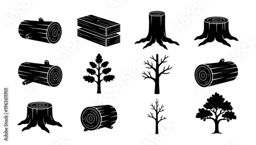 Wood industry vector icons set, timber logs and tree stumps black silhouettes, forestry and woodworking lumber symbols for carpentry design