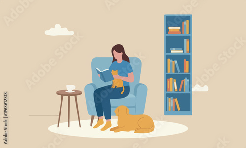 Relaxation lifestyle, comfortable at home or calm, cosy wellbeing or enjoy reading books, positive emotion, chill or reduce anxiety concept, young woman relax reading book while playing with pet