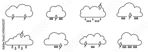 Storm clouds icon set. representing various conditions such as sun, rain, snow, and clouds in a minimalistic design. vector illustration