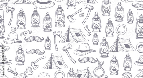 Vintage Camping Pattern: Tents, Lanterns, Axes, Hats, Mustaches