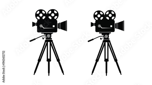 Two vintage film cameras on tripods a striking black silhouette