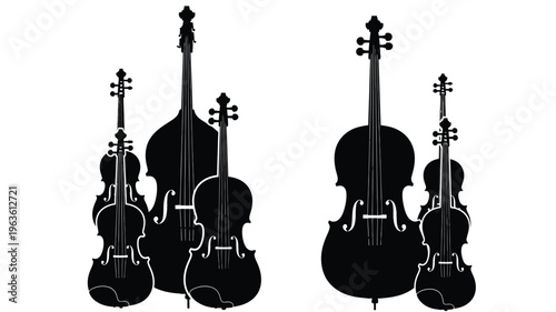 A collection of stringed instruments displayed in black silhouette