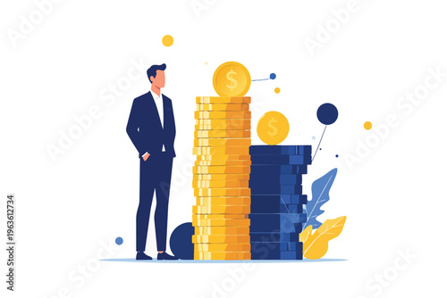 Successful businessman achieving financial growth and wealth flat vector