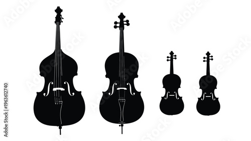 Four stringed instruments in black ranging in size a striking silhouette