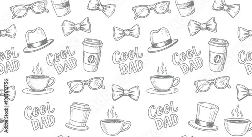 Father's Day Doodle Pattern: Hats, Glasses, Coffee, Bow Ties, "Cool Dad"