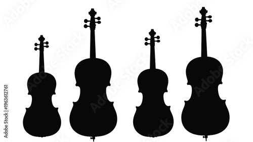 Four black string instruments displayed in a distinct silhouette