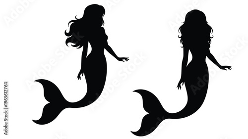 Two mermaid figures with flowing hair displayed in dark silhouette