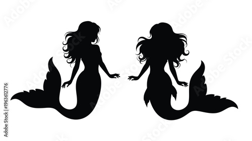 Two mermaid silhouettes with flowing hair and detailed tails silhouette