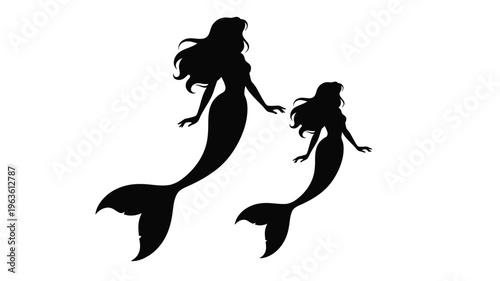 Two mermaids gracefully swimming a striking black silhouette