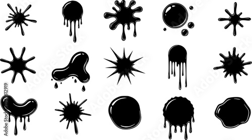 Black ink blots. Black paint splatters and drips in organic splashes. Contrast, playful, bold abstract graffiti spots for kids art blobs, comics, pop art design. Vector isolated set. Transparent EPS.