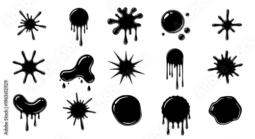 Black ink blots. Black paint splatters and drips in organic splashes. Contrast, playful, bold abstract graffiti spots for kids art blobs, comics, pop art design. Vector isolated set. Transparent SVG.