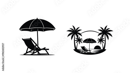 Tropical beach scene with lounge chairs and palm trees silhouette