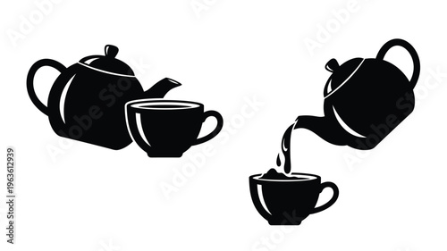 Black teapots and cup pouring liquid in a stark silhouette