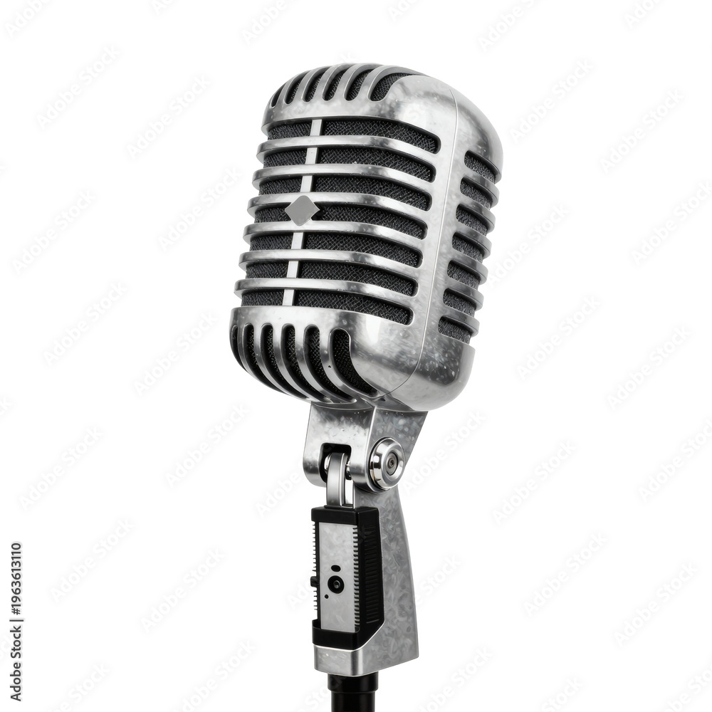 Fototapeta premium Close-up of classic chrome microphone isolated on white background for professional recording
