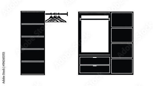 Minimalist wardrobe design with hanging space and drawers a black silhouette