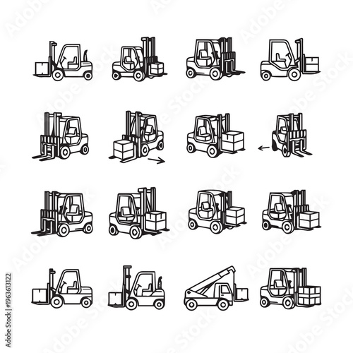 Forklift Trucks Collection: Various Models Lifting Boxes Warehouse Logistics Industrial Equipment Clean Line Graphics