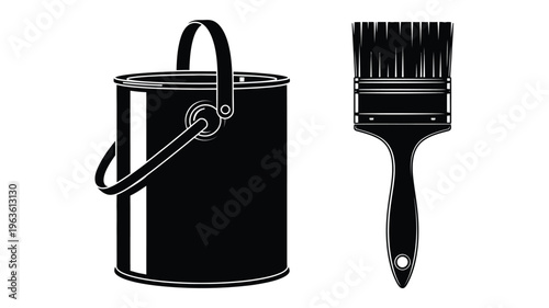 Black paint bucket and brush a simple artistic representation silhouette