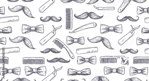 Vintage Barber Shop Pattern: Mustaches, Bow Ties, Razors, Combs