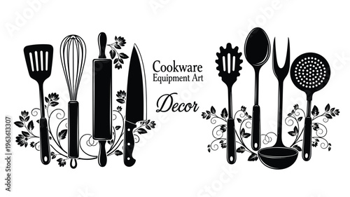 Black silhouettes of kitchen tools and floral elements decorative art silhouette
