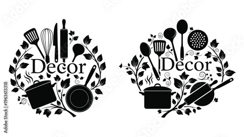 Kitchen utensils and floral wreath design in black silhouette