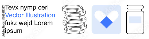Healthcare, finances, medical costs, pharmaceutical aid, medication, budgeting. Stack of coins, a heart-shaped pill icon and a medicine bottle. Healthcare and finances conceptualize the image theme