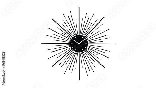 Modern sunburst clock with black hands against a white background silhouette