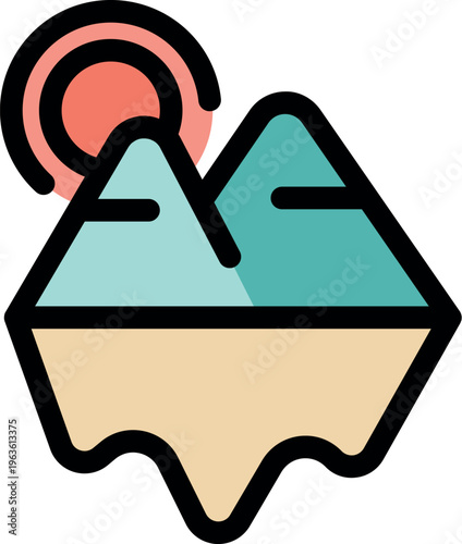 Simple and colorful illustration representing melting glaciers under a shining sun, symbolizing climate change and global warming effects