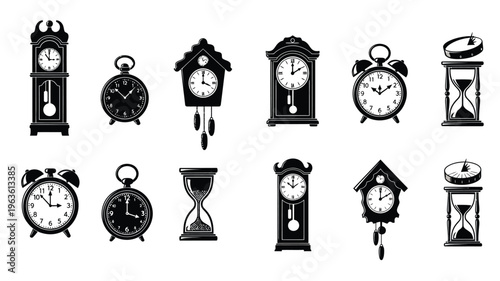 Collection of vintage clocks and hourglasses in black silhouette