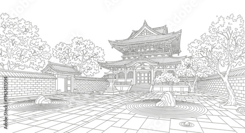 Detailed Line Art Illustration of Traditional East Asian Temple with Zen Garden and Tiered Pagoda Roofs. Asian Architecture Sketch.