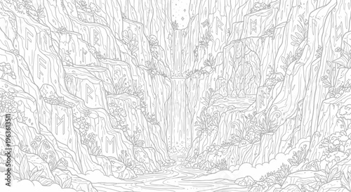 Detailed Monochrome Line Art of a Grand Waterfall Cascading Down Rocky Cliffs in a Lush Forest Canyon, Nature Landscape
