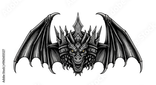 Dark mythical dragon head with powerful wings, glowing yellow eyes, and intricate details, fantasy creature illustration