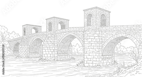 Detailed line art drawing of a historic multi-arch stone bridge over a river, showcasing ancient architectural design and structure.