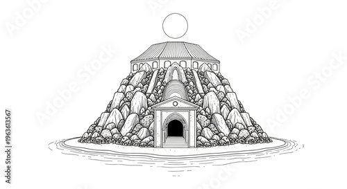 Ancient stone mound temple illustration with a mysterious entrance and a circular symbol, fantasy architecture line art drawing