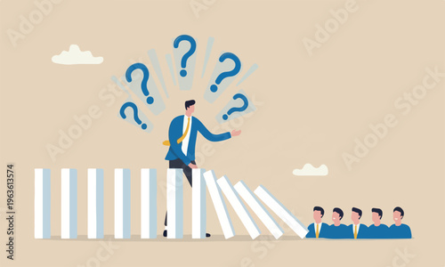 Reliability, trustworthy leadership protect or solve problem, trust or work responsible, supported partner concept, reliable businessman leader protect domino from collapse on colleague