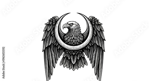 Detailed black and white illustration of a majestic eagle with outstretched wings and a prominent crescent moon, powerful symbol.