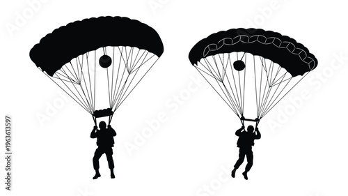 Two skydivers descending with open parachutes a striking silhouette