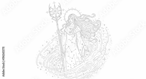 Mystical celestial woman illustration with halo, starry staff, and cosmic elements. Detailed line art drawing for spiritual fantasy.