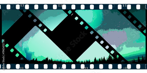Film strip frame revealing a landscape with aurora borealis lights